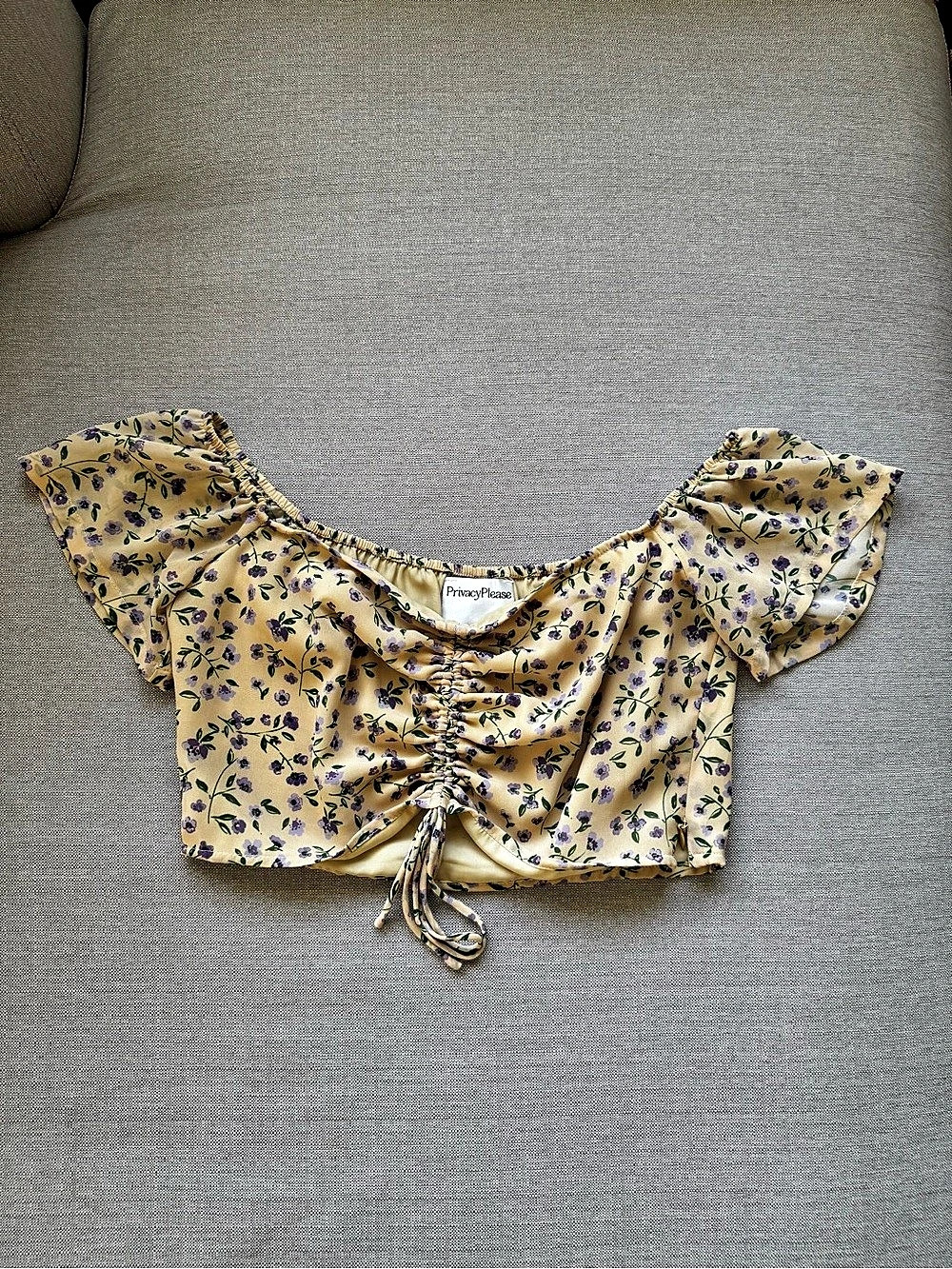 Privacy Please Floral Ruffle Crop Top in Pale Yellow & Purple Size Medium